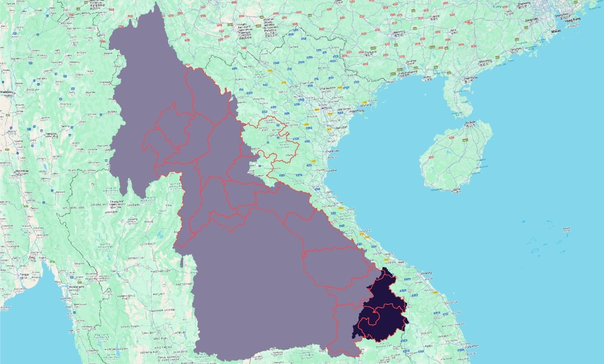 Map of adjusted Mekong watershed (grey), Xe Khong watershed (blue) and Lao PDR's provinces (red).