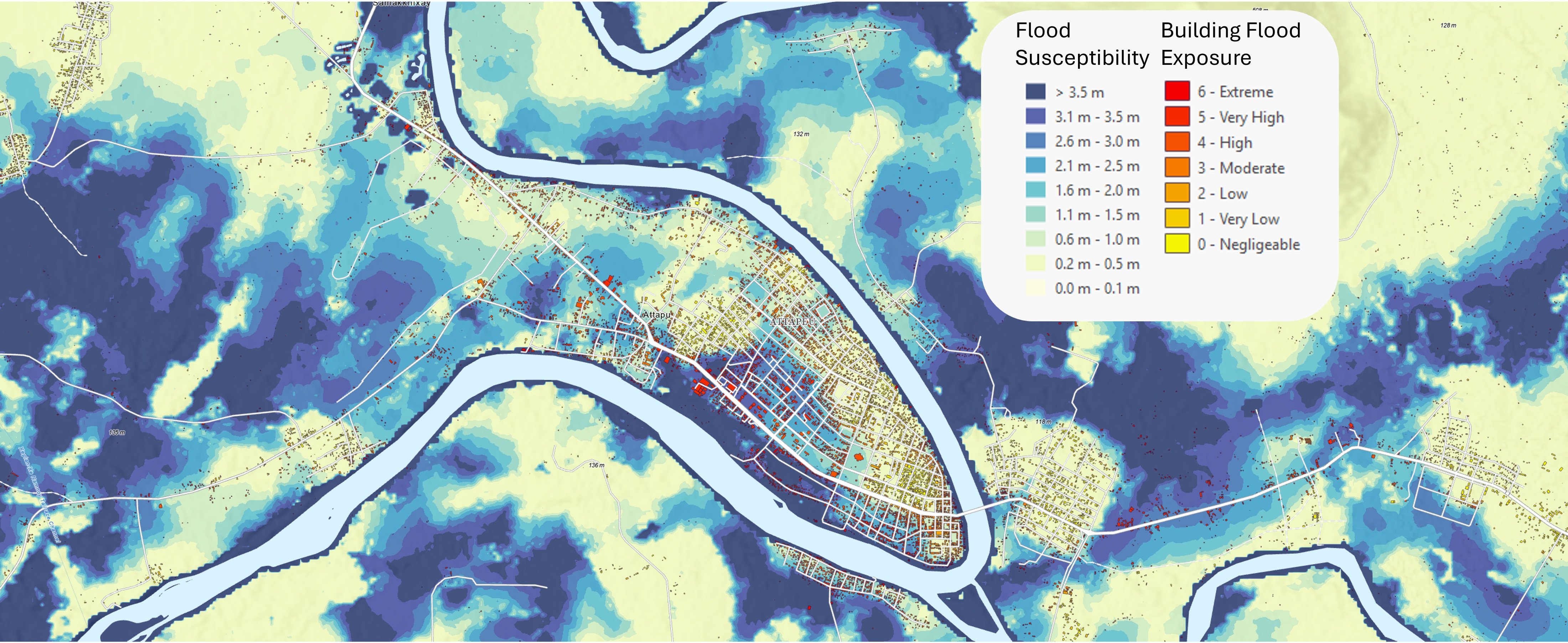 Map showing the Flood susceptibility and building exposure