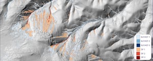 Terrain map showing six labelled sediment-laden-flow and debris-flow hazard classes for the 1-in-1,000-year current-climate scenario.