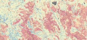 Map screenshot of southern Tasmania around Kempton, Bagdad and Brighton, showing coloured landscape patterns, roads and place labels.