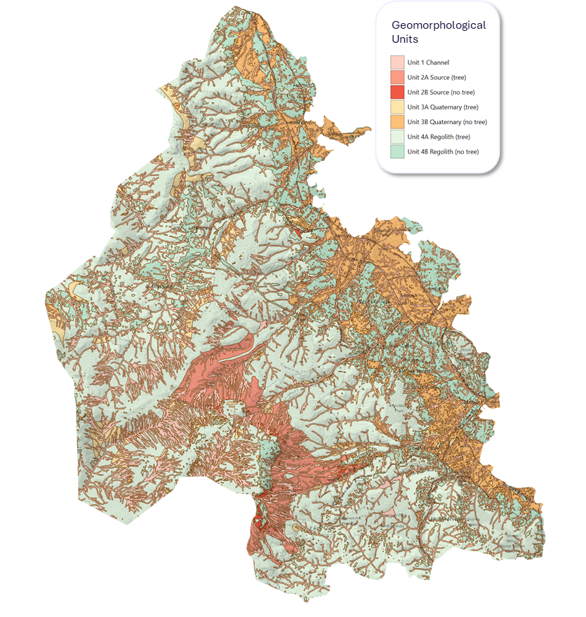 Map of the Hobart and Glenorchy study area with labelled geomorphological units: channel; source areas with and without trees; Quaternary material with and without trees; and regolith with and without trees.